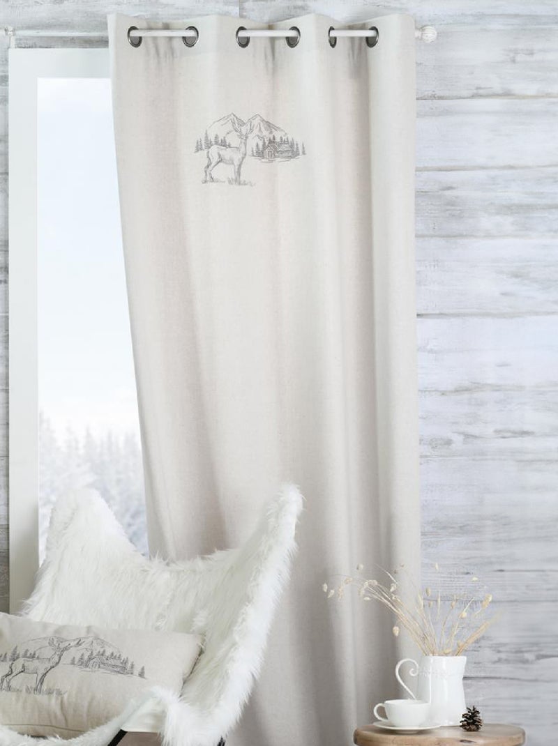 Rideau cerf esprit chalet  - Effet laine brodé Bois naturel - Kiabi