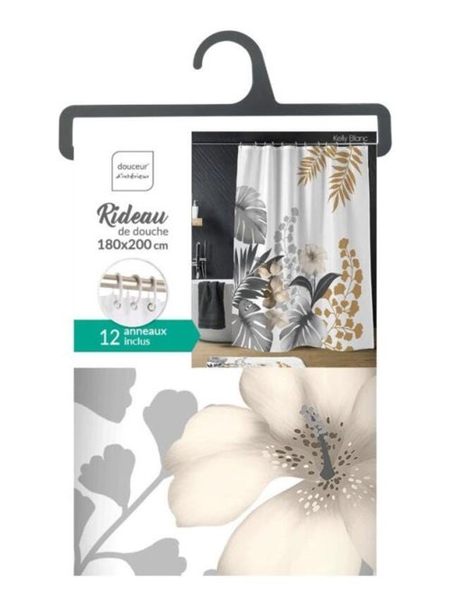 Rideau de douche 180x200 KELLY blanc avec 12 anneaux - Kiabi