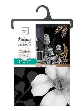 Rideau de douche 180x200 KELLY Noir avec 12 anneaux