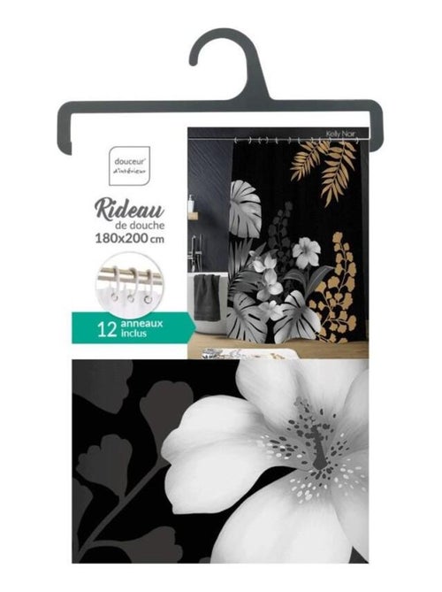 Rideau de douche 180x200 KELLY Noir avec 12 anneaux - Kiabi