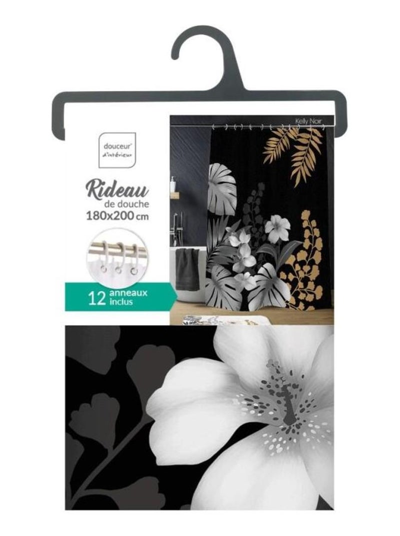 Rideau de douche 180x200 KELLY Noir avec 12 anneaux Noir - Kiabi