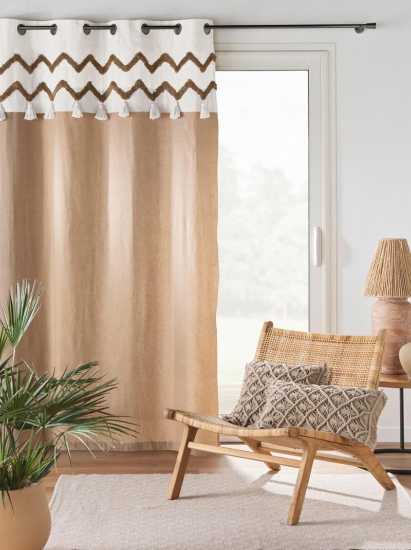 Rideau en coton 140x240 cm Motif chevrons & pompons Marron - Kiabi