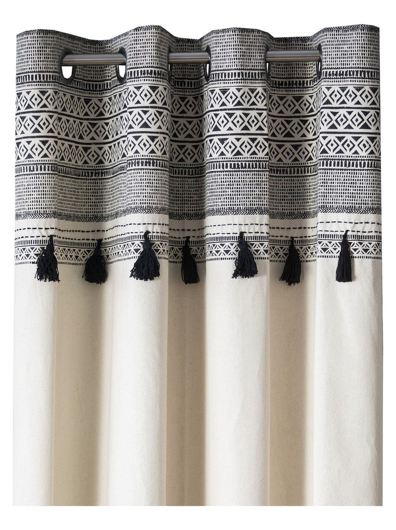 Rideau en coton avec œillets et pompons imprimé AFRICA 'Deko&co' Blanc Gris Noir - Kiabi