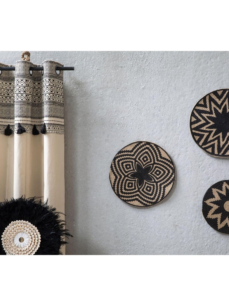Rideau en coton avec œillets et pompons imprimé AFRICA 'Deko&co' Blanc Gris Noir - Kiabi
