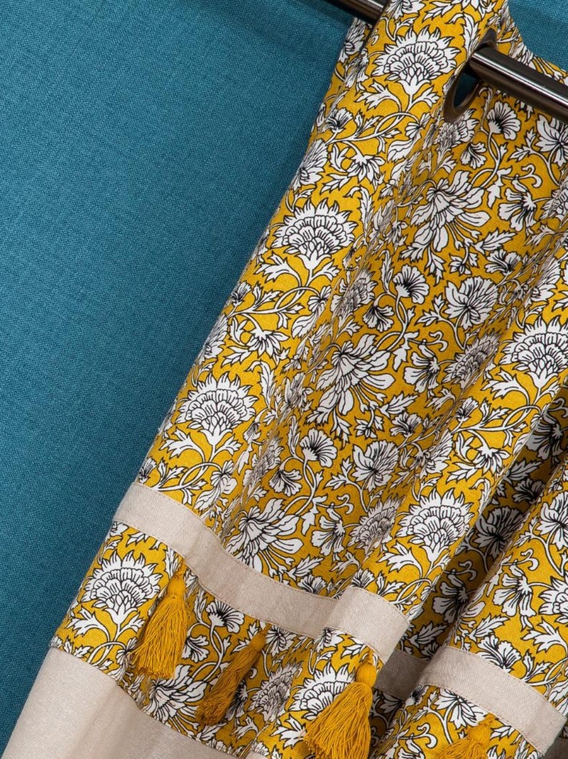 Rideau imprimé avec embrasse et oeillets UDAIPUR 'Deko&co' Blanc Jaune - Kiabi