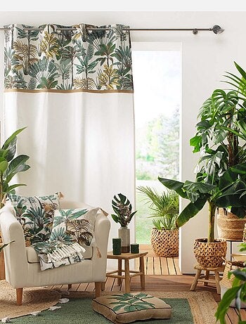 Rideau imprimé feuillage avec toile de jute