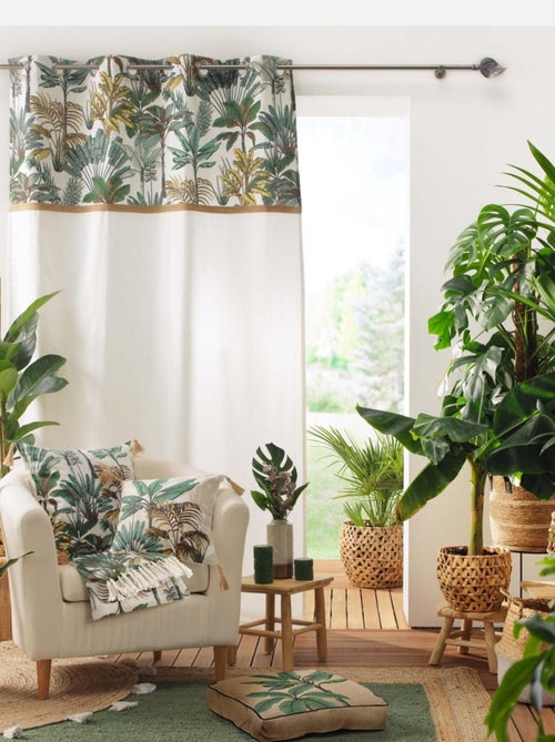 Rideau imprimé feuillage avec toile de jute - Kiabi