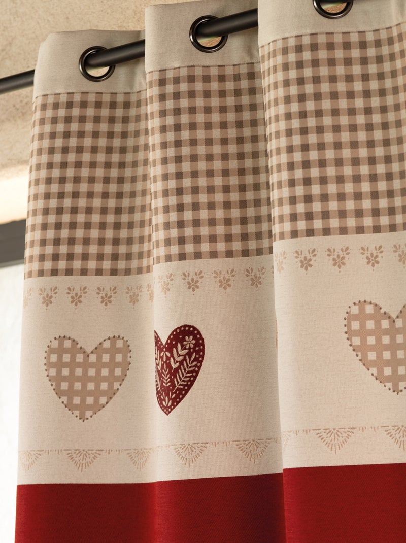 Rideau jacquard à œillets avec haut vichy et motifs cœurs Rouge - Kiabi