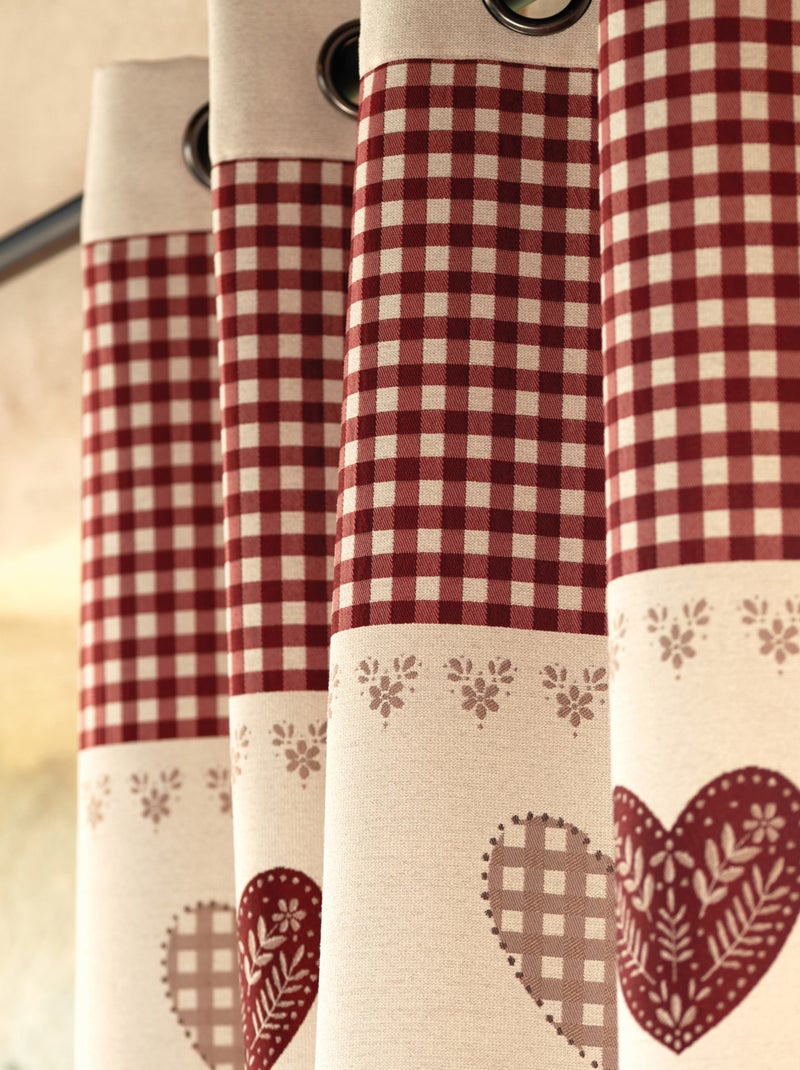 Rideau jacquard à œillets avec haut vichy et motifs cœurs Taupe - Kiabi