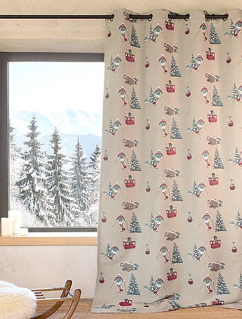 Rideau jacquard à œillets avec motifs skieurs et sapins