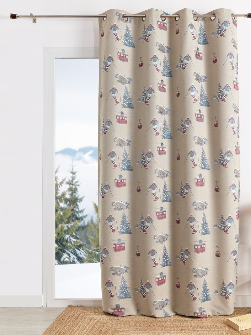 Rideau jacquard à œillets avec motifs skieurs et sapins Beige clair - Kiabi