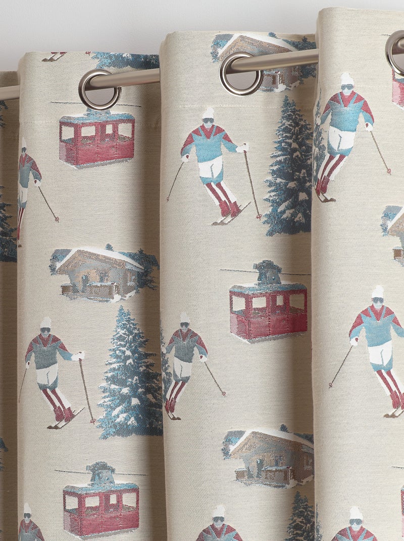 Rideau jacquard à œillets avec motifs skieurs et sapins Beige clair - Kiabi