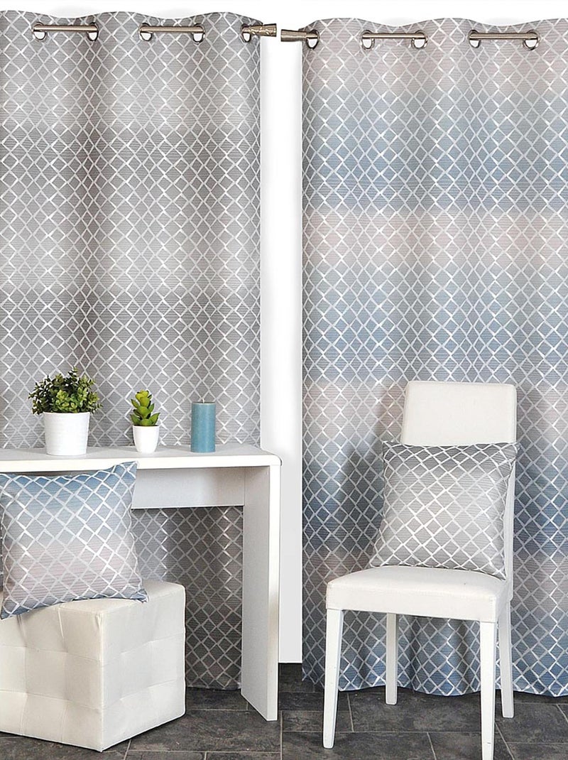 Rideau Jacquard motifs géométrique - prêt à poser. Bleu - Kiabi