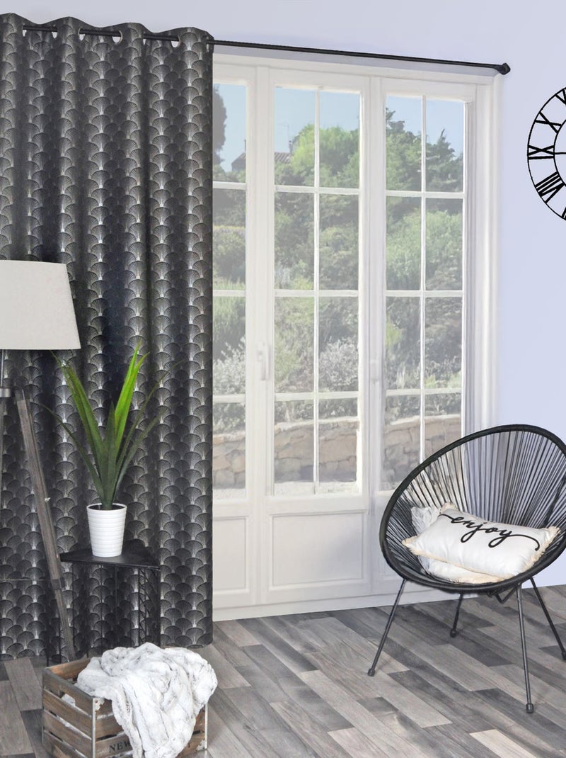Rideau Jacquard motifs queue de Paon - prêt à Poser. Bleu anthracite - Kiabi