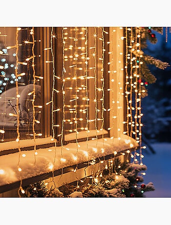 Rideau lumineux de façade d'extérieur 2 x 2 m 400 led blanc froid 8 fonctions solaire