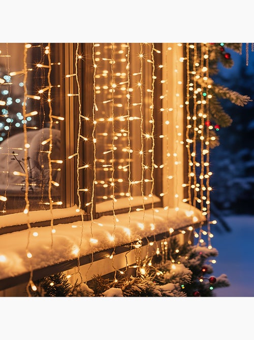 Rideau lumineux de façade d'extérieur 2 x 2 m 400 led blanc chaud 8 fonctions solaire - Kiabi Rideau lumineux de façade d'extérieur 2 x 2 m 400 led blanc chaud 8 fonctions solaire - Kiabi