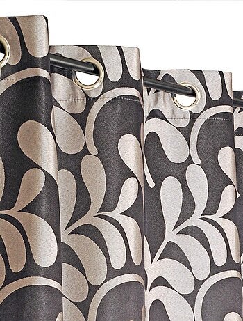 Rideau motif feuilles, à œillets, gris.