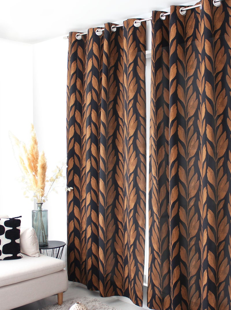 Rideau motif végétal tamisant en coton recyclé Noir - Kiabi