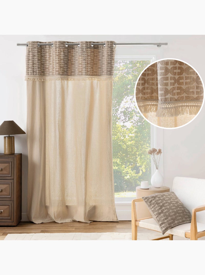 Rideau tamisant à œillets en polycoton avec jacquard et franges Bois naturel - Kiabi
