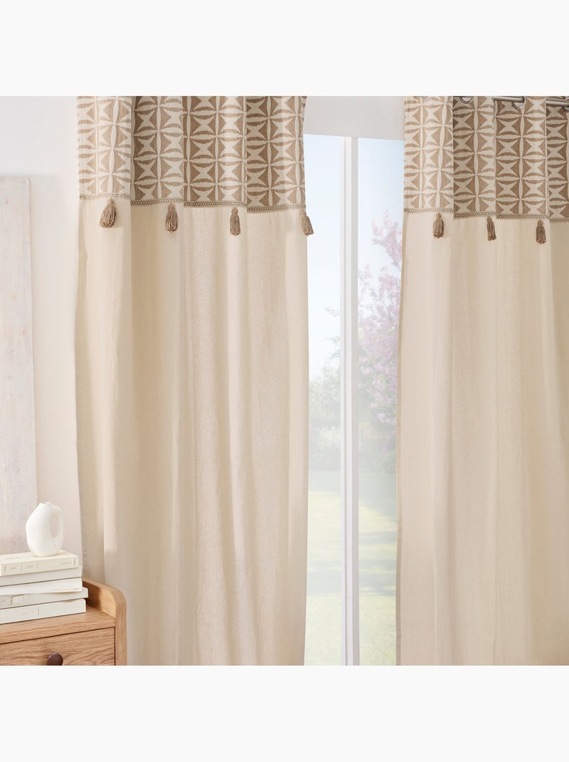 Rideau tamisant à œillets en polycoton avec jacquard et pompons Bois naturel - Kiabi