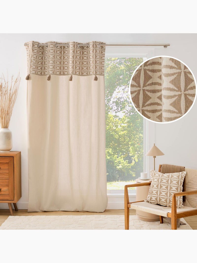 Rideau tamisant à œillets en polycoton avec jacquard et pompons Bois naturel - Kiabi