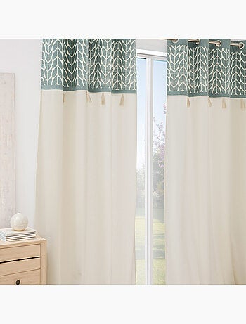Rideau tamisant à œillets en polycoton jacquard avec pompons
