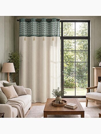 Rideau tamisant à œillets en polycoton jacquard avec pompons