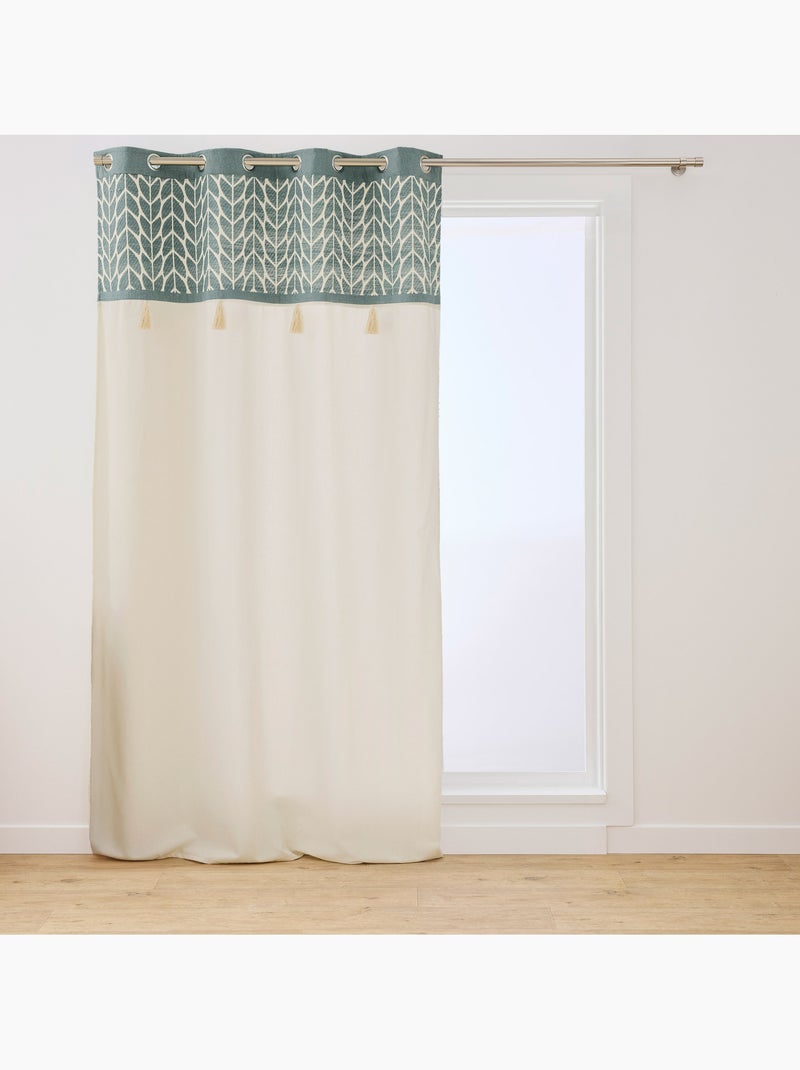 Rideau tamisant à œillets en polycoton jacquard avec pompons Vert - Kiabi
