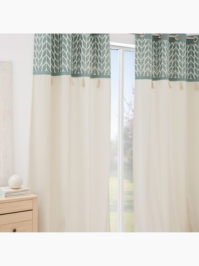 Rideau tamisant à œillets en polycoton jacquard avec pompons Vert - Kiabi