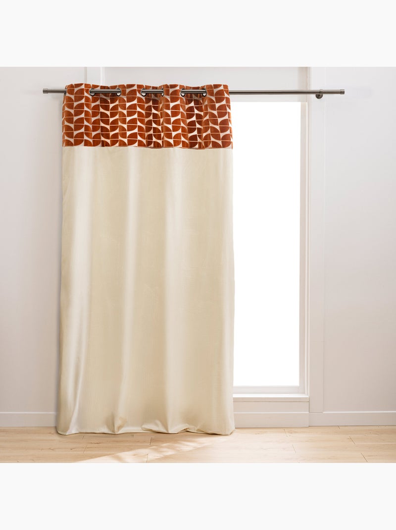 Rideau tamisant à œillets en velours avec bandeau géométrique Orange - Kiabi
