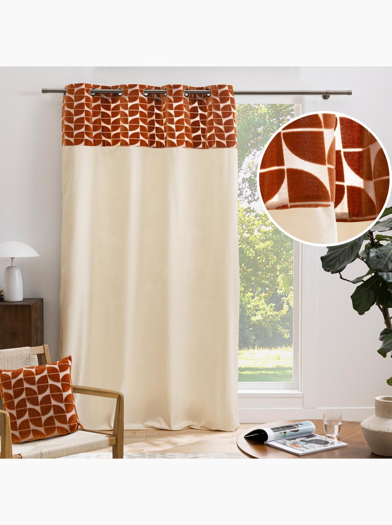 Rideau tamisant à œillets en velours avec bandeau géométrique Orange - Kiabi