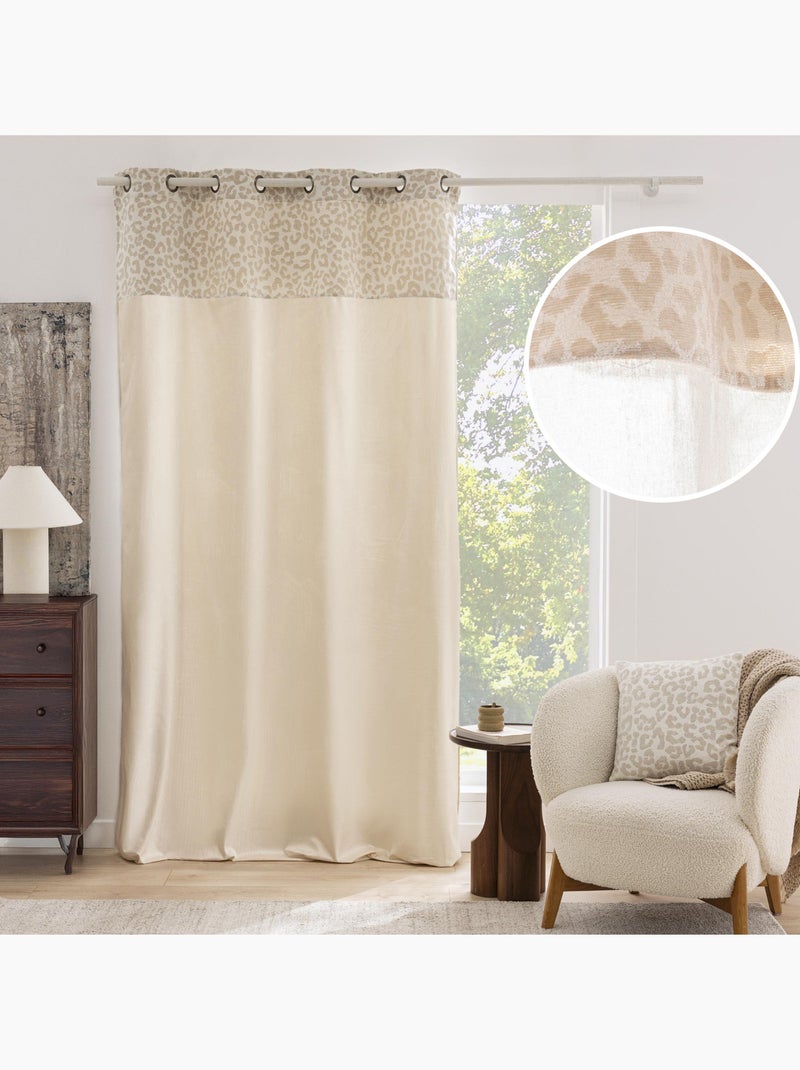 Rideau tamisant en polycoton avec bandeau jacquard chenille léopard Bois naturel - Kiabi