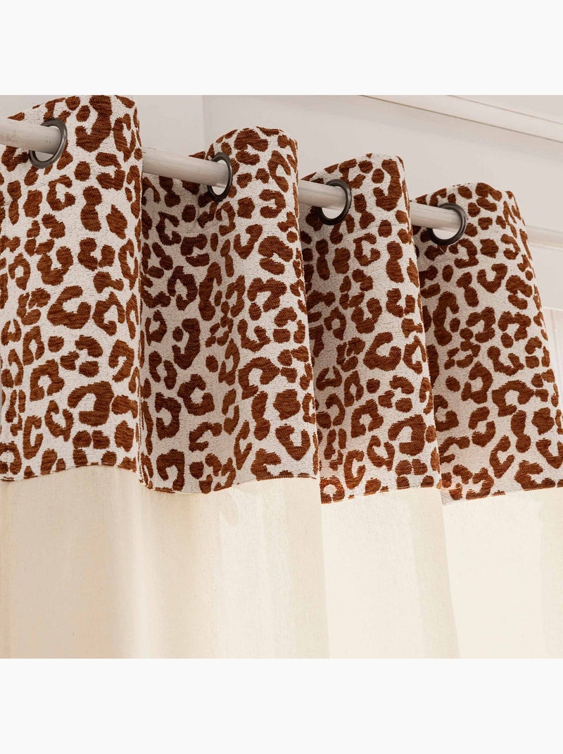Rideau tamisant en polycoton avec bandeau jacquard chenille léopard Marron - Kiabi