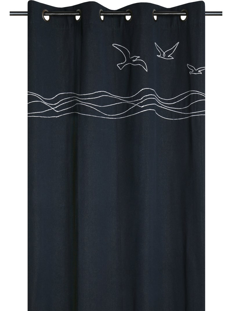 Rideau tamisant polycoton à œillets motif bord de mer Bleu marine - Kiabi