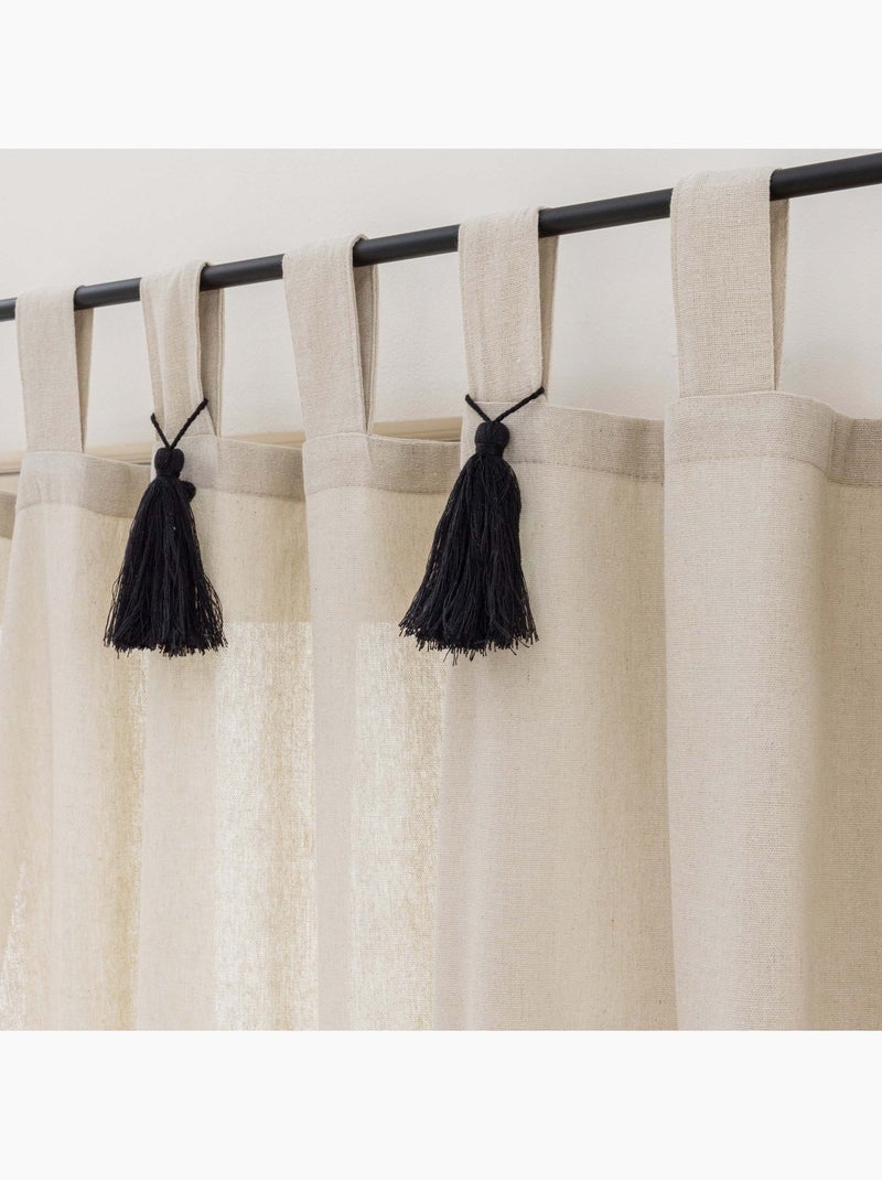 Rideau tamisant polycoton avec passants et pompons Beige - Kiabi
