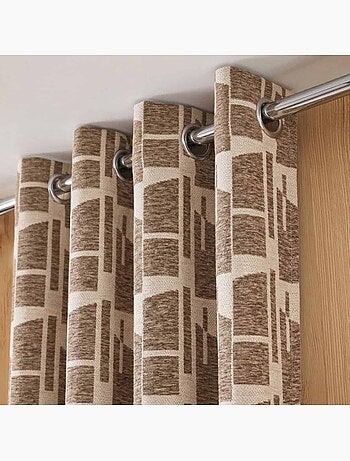 Rideau velours jacquard motifs géométriques beige, marron 140x240cm