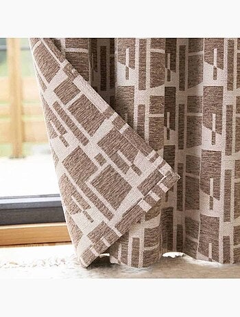 Rideau velours jacquard motifs géométriques beige, marron 140x240cm