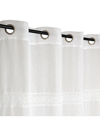 Rideau Voilage avec bande macramé à œillets prêt a Poser, 140x240cm, Blanc