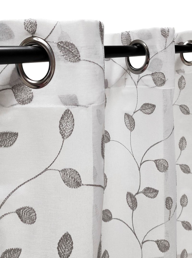 Rideau Voilage brodé Feuilles - prêt à Poser. Blanc Argenté - Kiabi