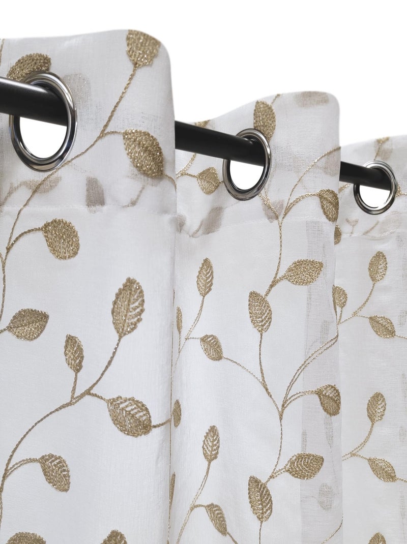 Rideau Voilage brodé Feuilles - prêt à Poser. Blanc Doré - Kiabi