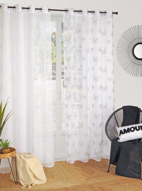 Rideau Voilage Brodé Papillons, à œillets 140x240cm prêt à Poser, Gris - Kiabi