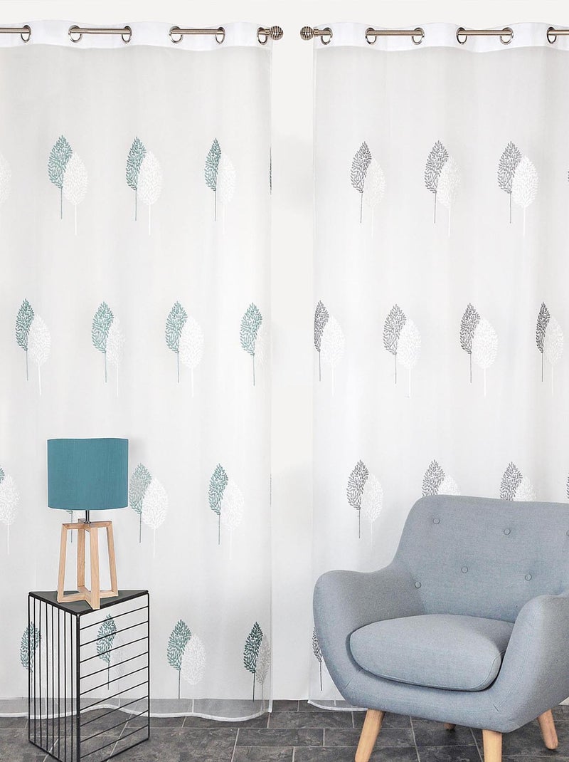 Rideau Voilage Brodés Feuilles - prêt à poser. Bleu céladon - Kiabi