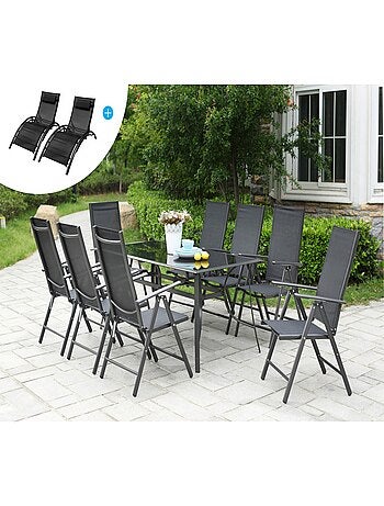 RIMINI Salon de Jardin Aluminium 8 fauteuils + Duo Transats Noir