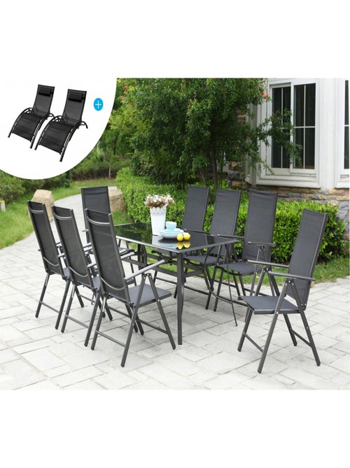 RIMINI Salon de Jardin Aluminium 8 fauteuils + Duo Transats Noir - Kiabi