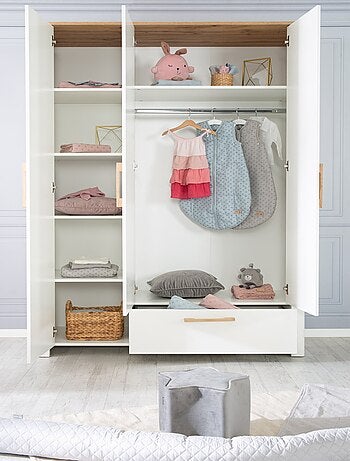ROBA Armoire "Ava" 3 portes – corps blanc, avec éléments décoratifs en chêne artisan
