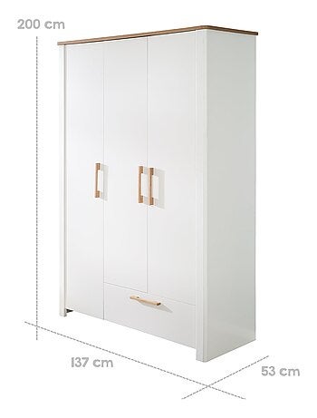 ROBA Armoire "Ava" 3 portes – corps blanc, avec éléments décoratifs en chêne artisan
