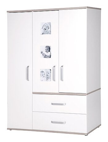 ROBA Armoire "Moritz" 3 portes – avec 3 cadres d'images – blanc / orme lunaire
