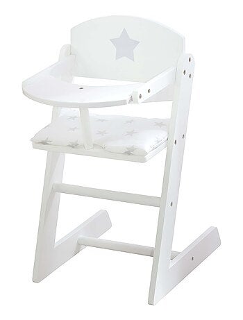 ROBA Chaise haute pour Poupée "Stella" en bois + Coussin Étoilé + Plateau Repas - Blanc/Gris