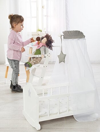 ROBA Chaise haute pour Poupée "Stella" en bois + Coussin Étoilé + Plateau Repas - Blanc/Gris