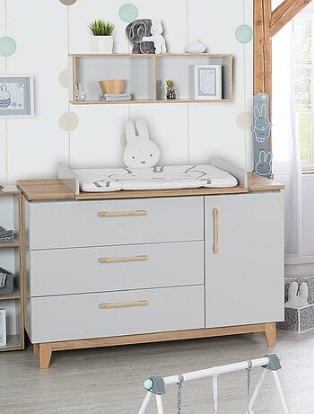 ROBA Commode à Langer "Caro" – avec Plan à Langer Amovible – 3 Tiroirs – gris clair/ chêne doré